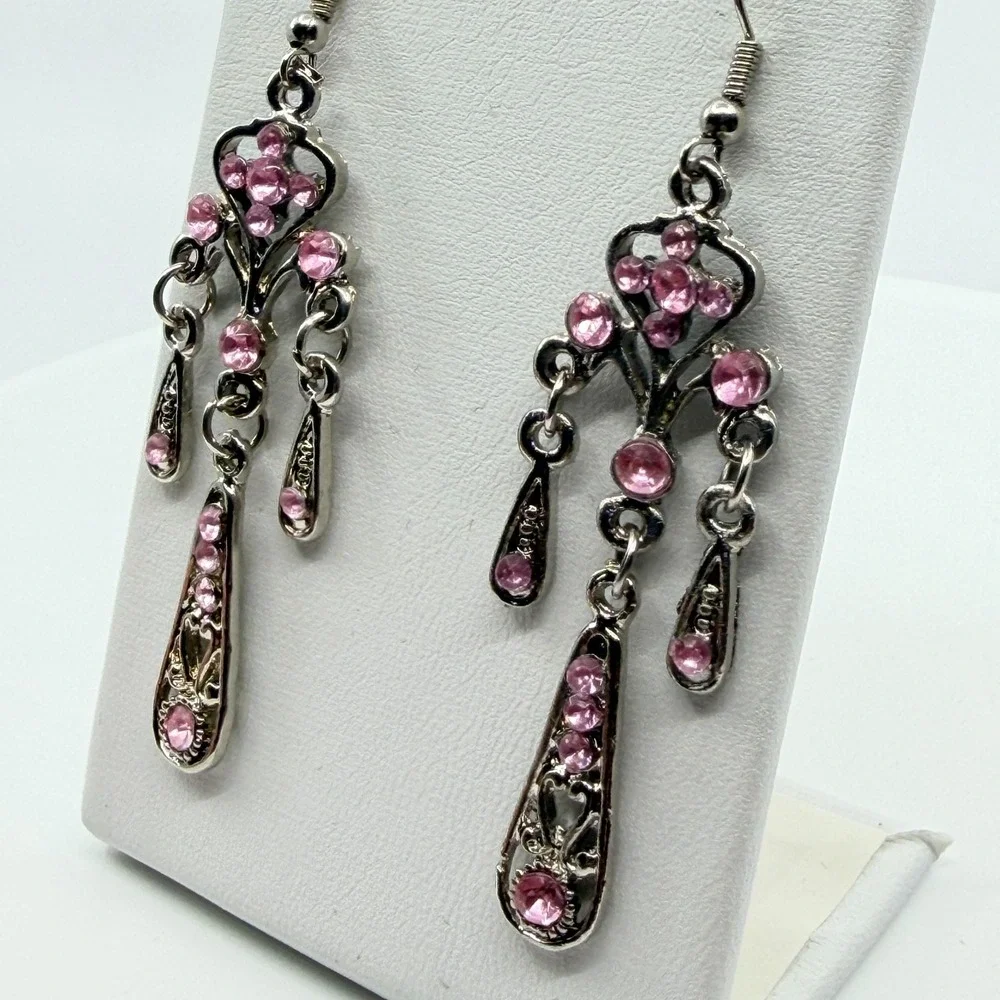 VTG Pink Rhinestone Chandelier Dangle Earrings Silver Tone Goth Fairycore Retro